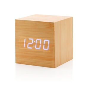 ساعت دیجیتال زنگ دار WOODEN CLOCK چوبی مکعبی بدنه کرمی